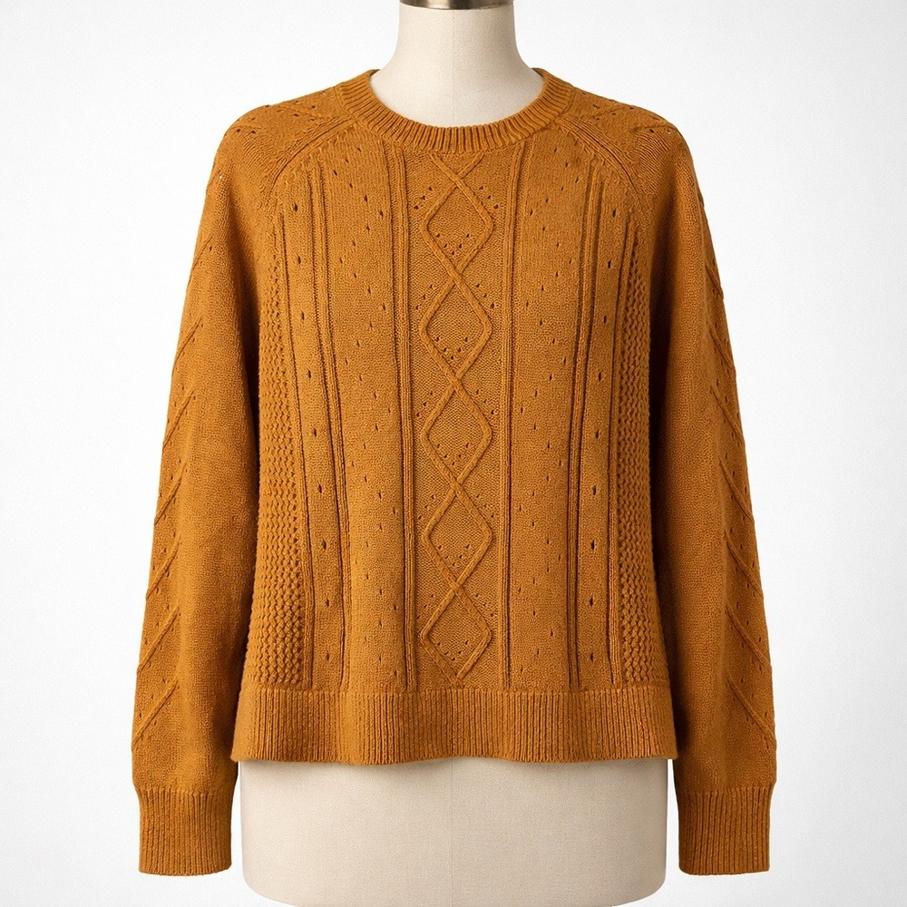 J Crew Cable Knit 100% Cotton Crewneck‎ Sweater Size L Orange Fisherman Heritage